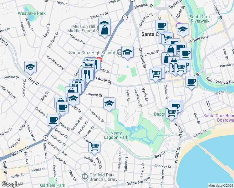 map of restaurants, bars, coffee shops, grocery stores, and more near 1017 Laurel Street in Santa Cruz