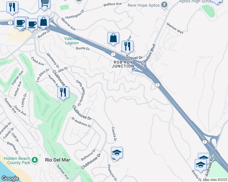 map of restaurants, bars, coffee shops, grocery stores, and more near 734 Loma Prieta Drive in Aptos