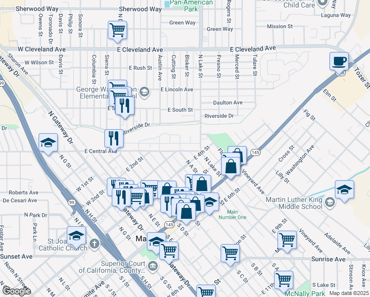 map of restaurants, bars, coffee shops, grocery stores, and more near 519 East Central Avenue in Madera