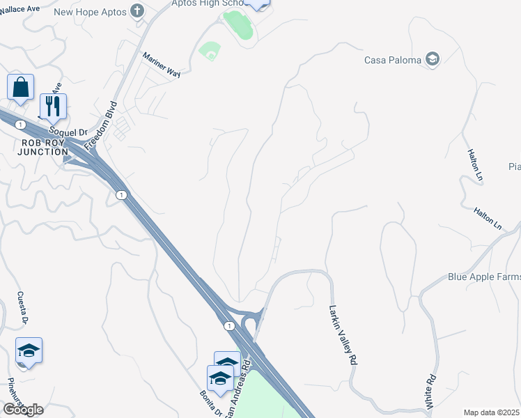 map of restaurants, bars, coffee shops, grocery stores, and more near 275 Race Horse Lane in Watsonville