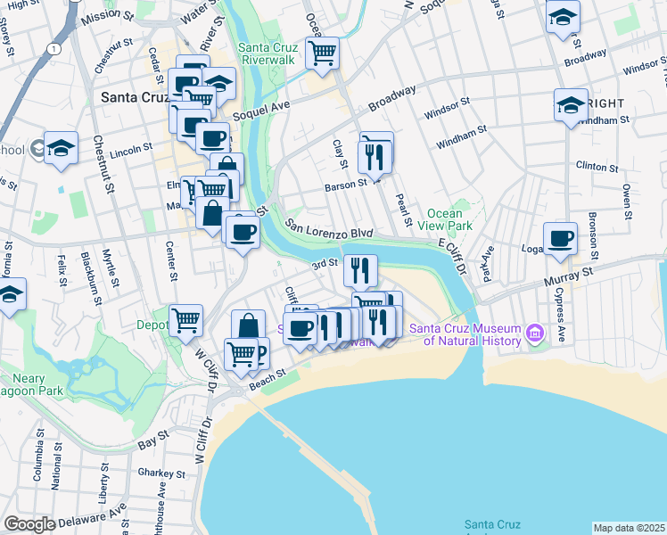 map of restaurants, bars, coffee shops, grocery stores, and more near 337 Riverside Avenue in Santa Cruz