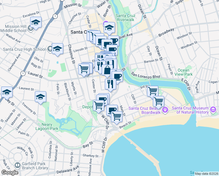 map of restaurants, bars, coffee shops, grocery stores, and more near 114 Sycamore Street in Santa Cruz