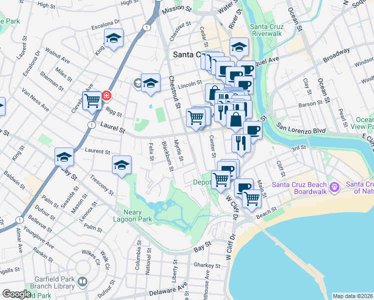 map of restaurants, bars, coffee shops, grocery stores, and more near 128 Myrtle Street in Santa Cruz