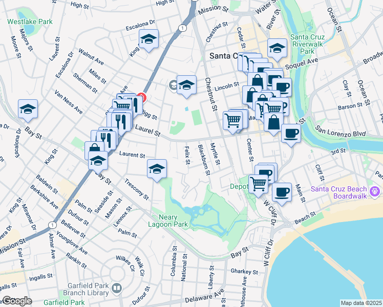 map of restaurants, bars, coffee shops, grocery stores, and more near 227 Felix Street in Santa Cruz