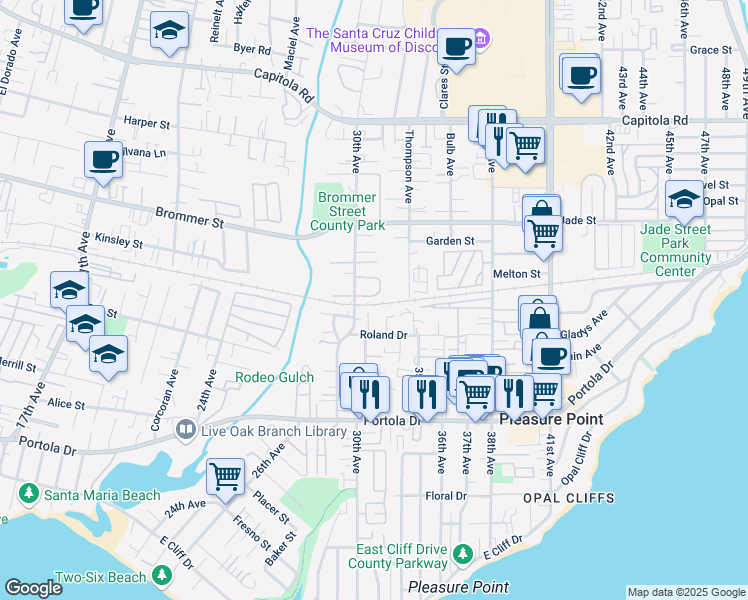 map of restaurants, bars, coffee shops, grocery stores, and more near 3027 Buckingham Lane in Santa Cruz