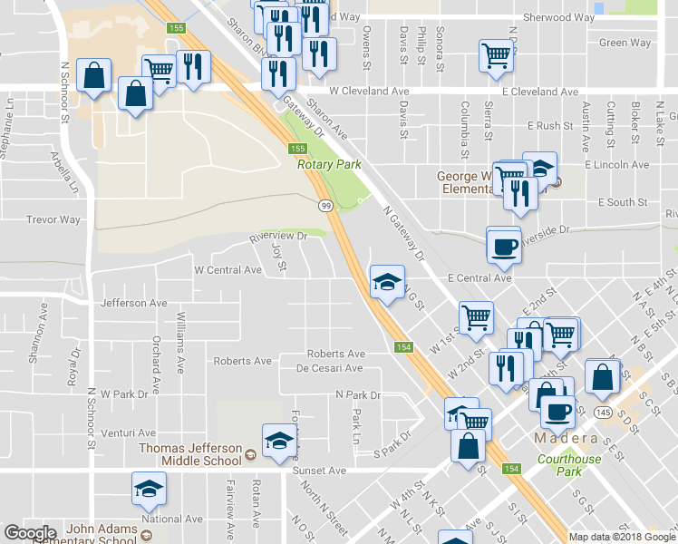 map of restaurants, bars, coffee shops, grocery stores, and more near 1001 Riverview Drive in Madera