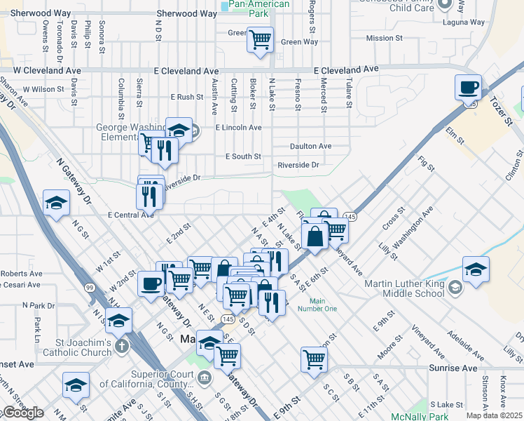 map of restaurants, bars, coffee shops, grocery stores, and more near 519 East Central Avenue in Madera
