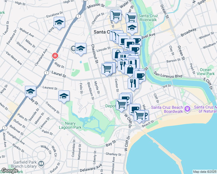 map of restaurants, bars, coffee shops, grocery stores, and more near 325 Washington Street in Santa Cruz