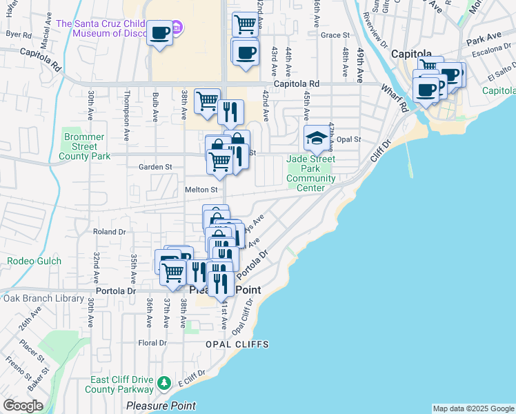 map of restaurants, bars, coffee shops, grocery stores, and more near 4310 Nova Drive in Santa Cruz