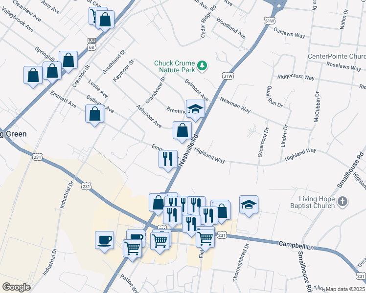 map of restaurants, bars, coffee shops, grocery stores, and more near 2209 Nashville Road in Bowling Green