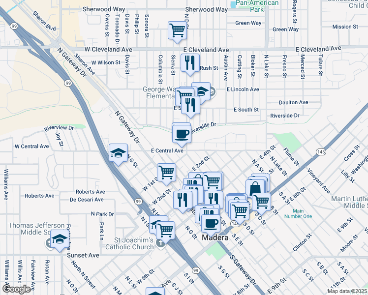map of restaurants, bars, coffee shops, grocery stores, and more near 147 East Central Avenue in Madera