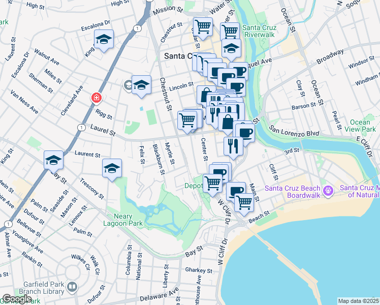 map of restaurants, bars, coffee shops, grocery stores, and more near 325 Washington Street in Santa Cruz