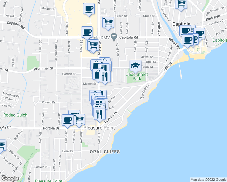 map of restaurants, bars, coffee shops, grocery stores, and more near 4310 Nova Drive in Santa Cruz