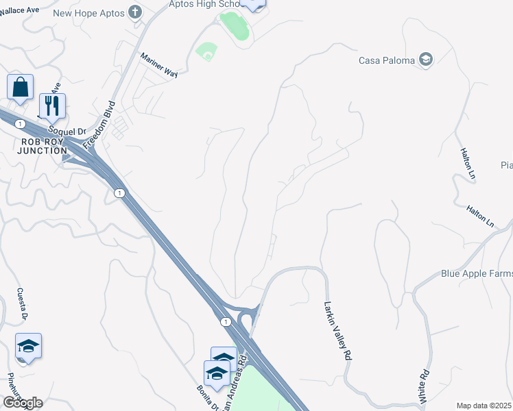 map of restaurants, bars, coffee shops, grocery stores, and more near 275 Race Horse Lane in Watsonville