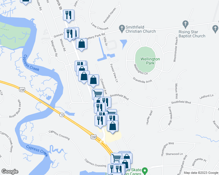 map of restaurants, bars, coffee shops, grocery stores, and more near 1629 Colonial Ave in Smithfield