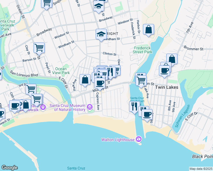 map of restaurants, bars, coffee shops, grocery stores, and more near 78 Watson Street in Santa Cruz