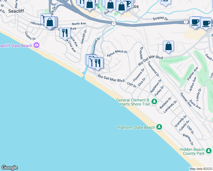 map of restaurants, bars, coffee shops, grocery stores, and more near 262 Beach Drive in Aptos