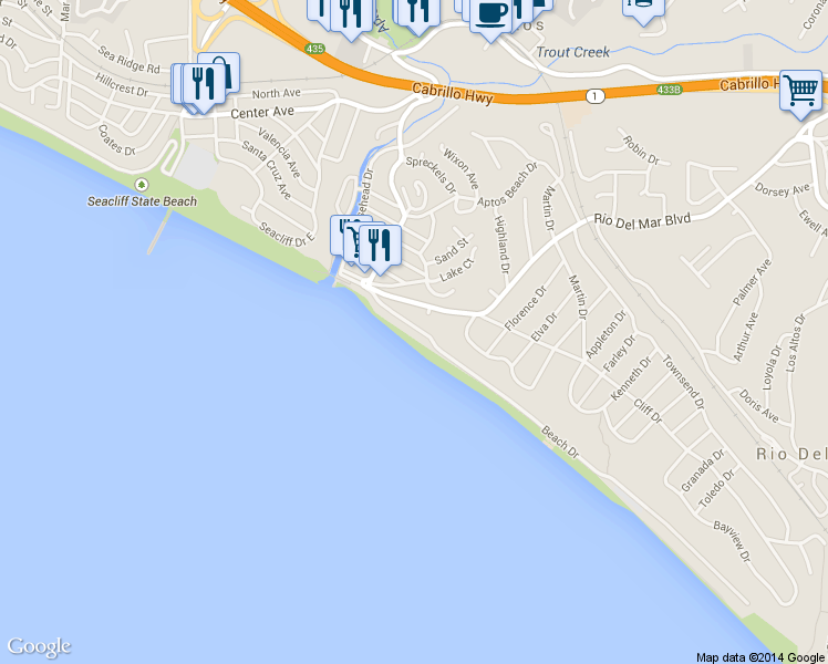 map of restaurants, bars, coffee shops, grocery stores, and more near 264 Beach Drive in Aptos