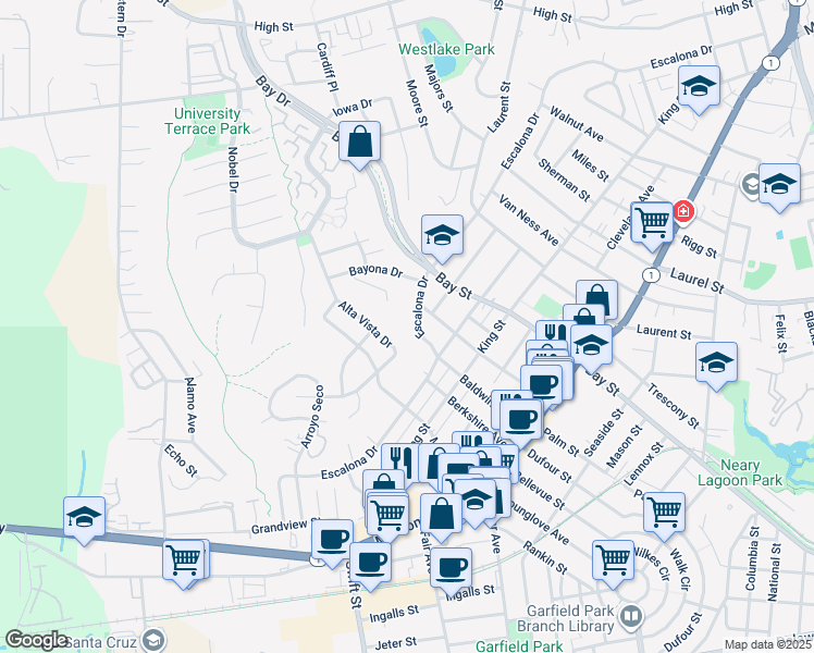 map of restaurants, bars, coffee shops, grocery stores, and more near 1224 Escalona Drive in Santa Cruz