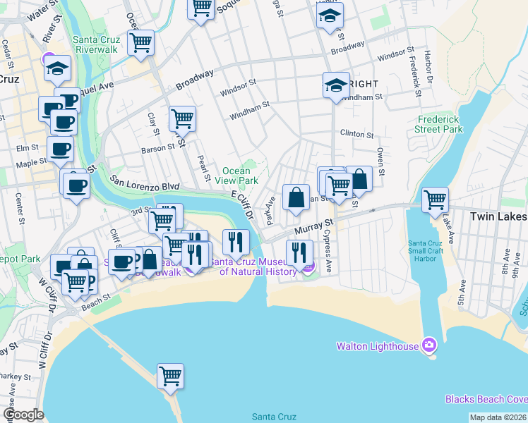 map of restaurants, bars, coffee shops, grocery stores, and more near 123 Park Avenue in Santa Cruz