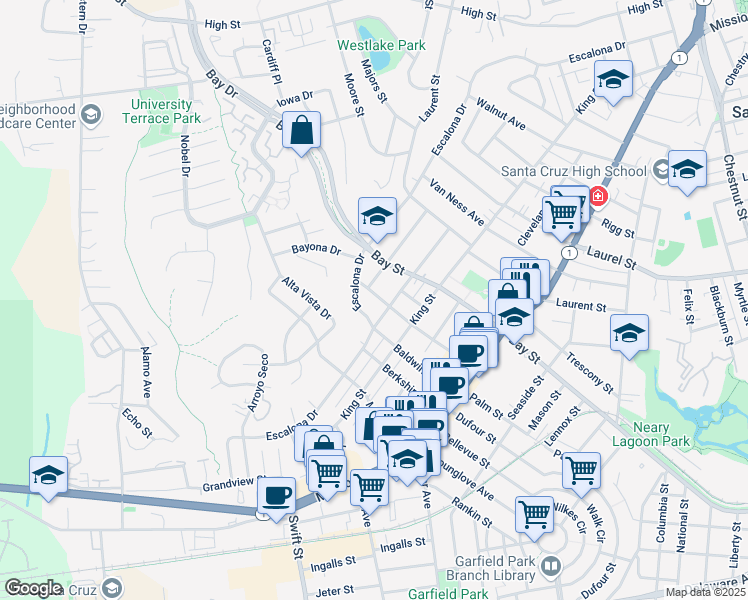 map of restaurants, bars, coffee shops, grocery stores, and more near 513 Olive Street in Santa Cruz