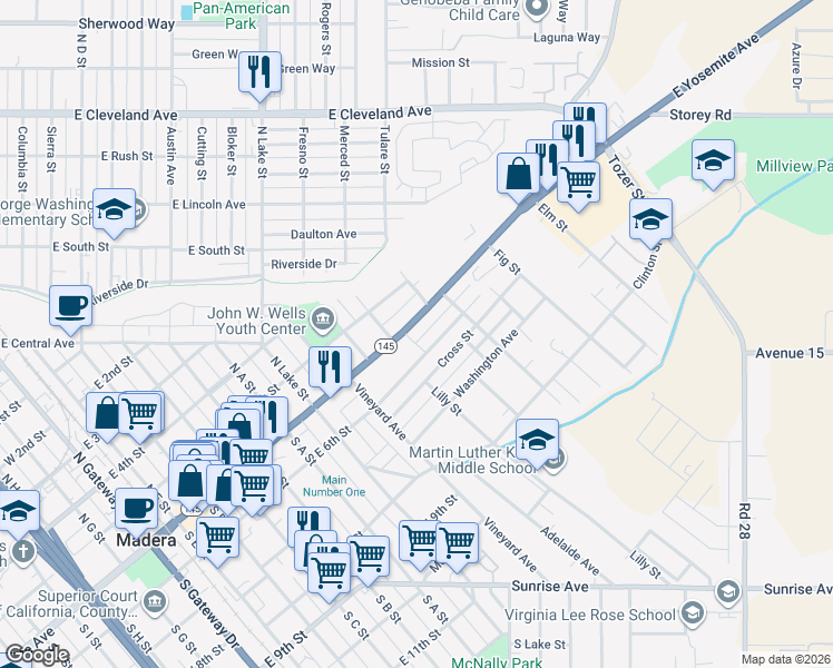map of restaurants, bars, coffee shops, grocery stores, and more near 907 California 145 in Madera