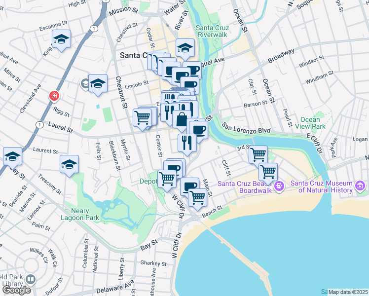map of restaurants, bars, coffee shops, grocery stores, and more near 114 Sycamore Street in Santa Cruz