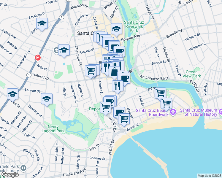 map of restaurants, bars, coffee shops, grocery stores, and more near 114 Sycamore Street in Santa Cruz