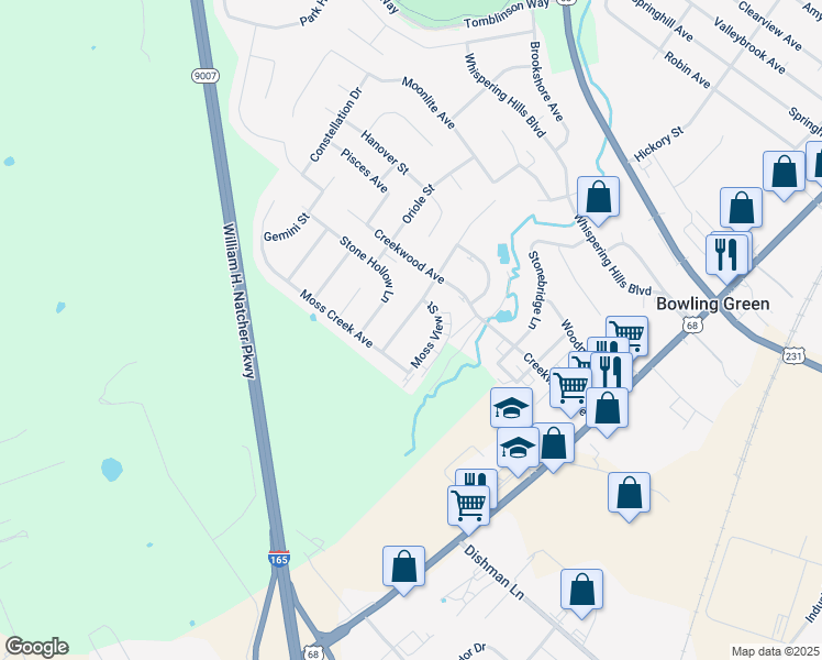 map of restaurants, bars, coffee shops, grocery stores, and more near 730 Village Creek Drive in Bowling Green