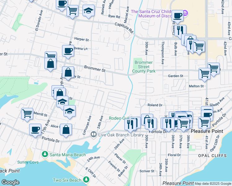 map of restaurants, bars, coffee shops, grocery stores, and more near Soquel Avenue in Santa Cruz