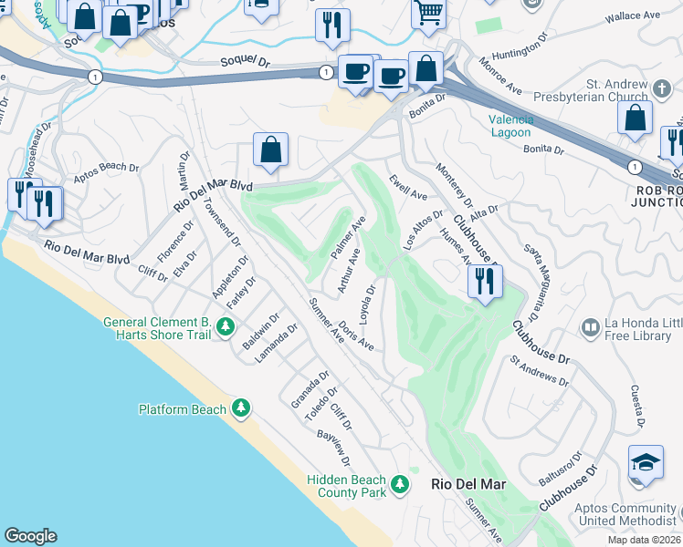 map of restaurants, bars, coffee shops, grocery stores, and more near 333 Arthur Avenue in Aptos