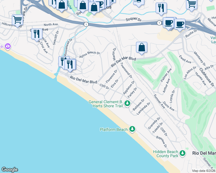 map of restaurants, bars, coffee shops, grocery stores, and more near 319 Cliff Drive in Aptos