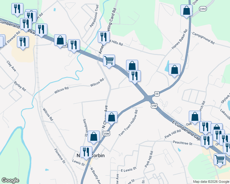 map of restaurants, bars, coffee shops, grocery stores, and more near 138 North Cherry Avenue in Corbin
