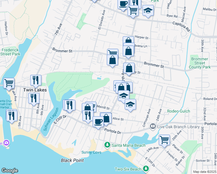 map of restaurants, bars, coffee shops, grocery stores, and more near in Santa Cruz