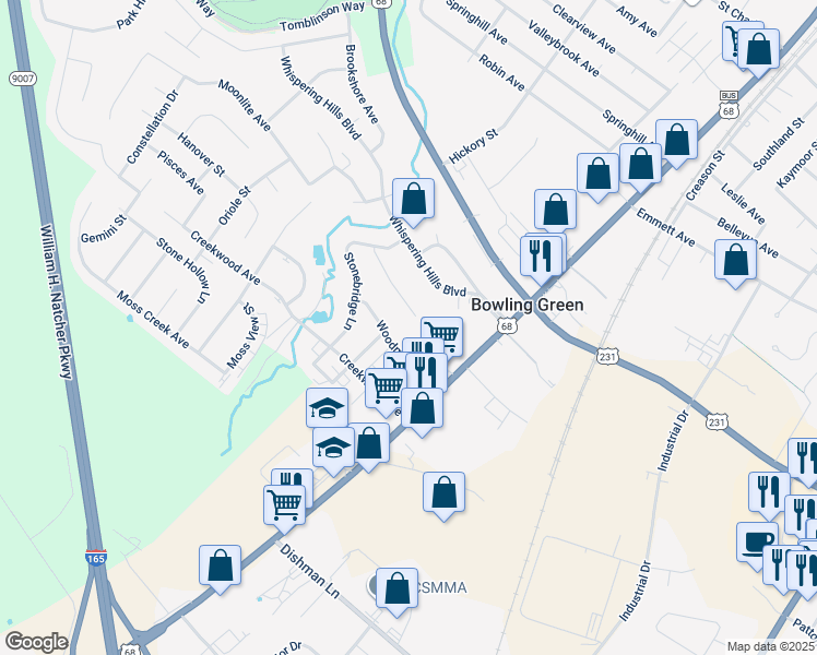 map of restaurants, bars, coffee shops, grocery stores, and more near 108 Hillridge Court in Bowling Green