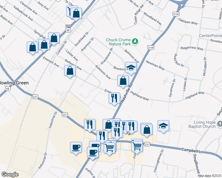 map of restaurants, bars, coffee shops, grocery stores, and more near 2209 Nashville Road in Bowling Green