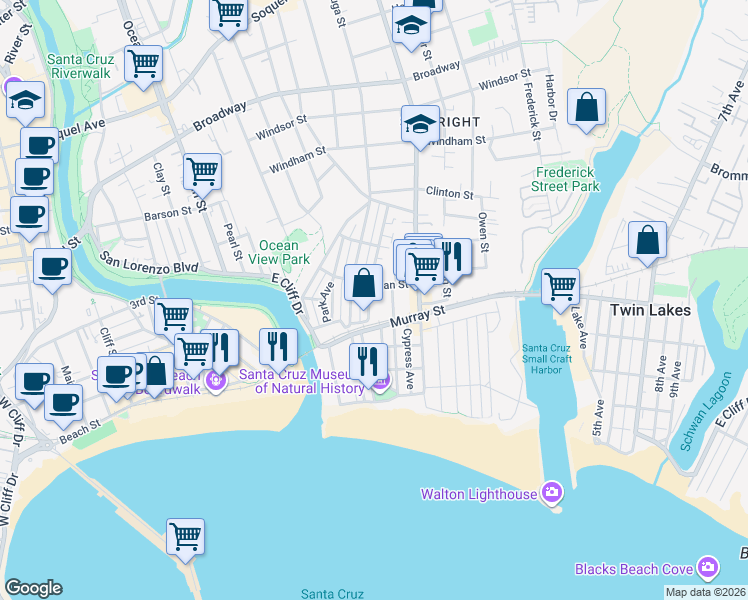 map of restaurants, bars, coffee shops, grocery stores, and more near 112 Mountain View Avenue in Santa Cruz