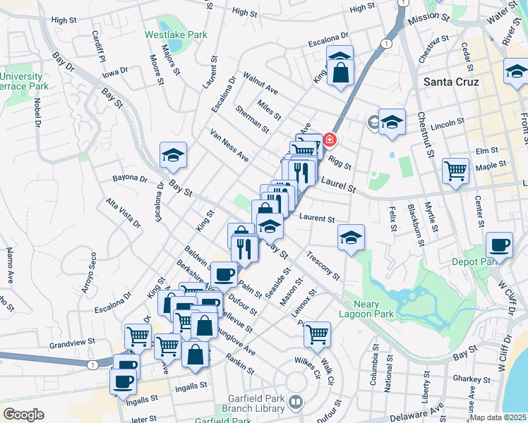 map of restaurants, bars, coffee shops, grocery stores, and more near 322 Trescony Street in Santa Cruz