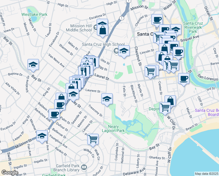 map of restaurants, bars, coffee shops, grocery stores, and more near 414 California Street in Santa Cruz