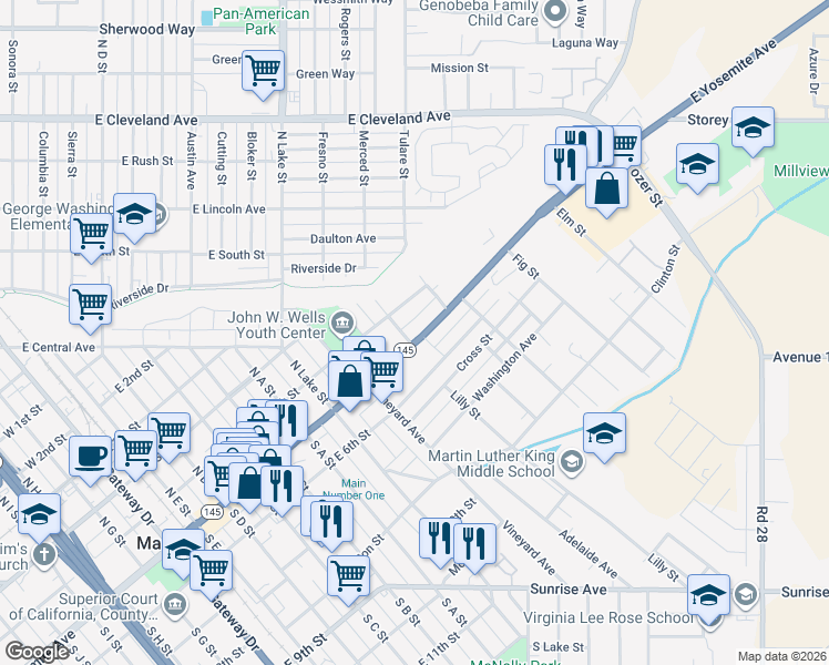 map of restaurants, bars, coffee shops, grocery stores, and more near 907 California 145 in Madera