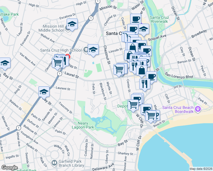 map of restaurants, bars, coffee shops, grocery stores, and more near 216 Blackburn Street in Santa Cruz