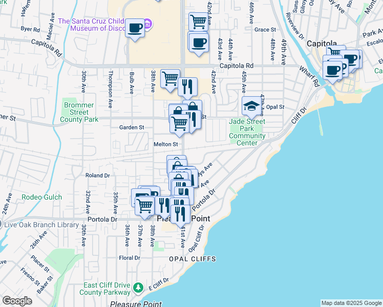 map of restaurants, bars, coffee shops, grocery stores, and more near 1066 41st Avenue in Capitola