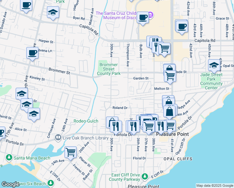 map of restaurants, bars, coffee shops, grocery stores, and more near 3027 Buckingham Lane in Santa Cruz