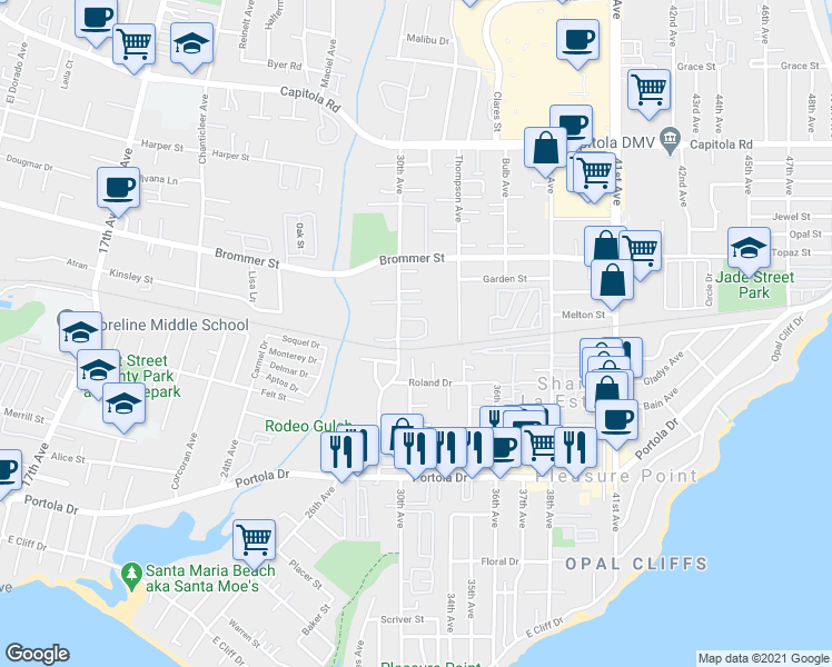map of restaurants, bars, coffee shops, grocery stores, and more near 3027 Buckingham Lane in Santa Cruz