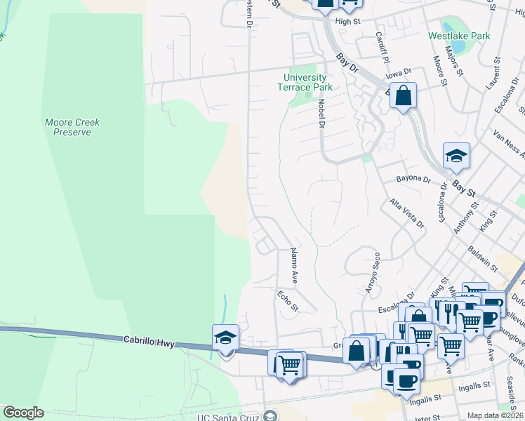 map of restaurants, bars, coffee shops, grocery stores, and more near 565a Western Drive in Santa Cruz