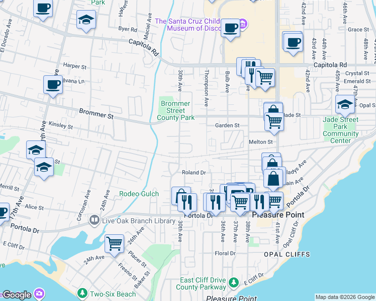 map of restaurants, bars, coffee shops, grocery stores, and more near 3024 Buckingham Lane in Santa Cruz