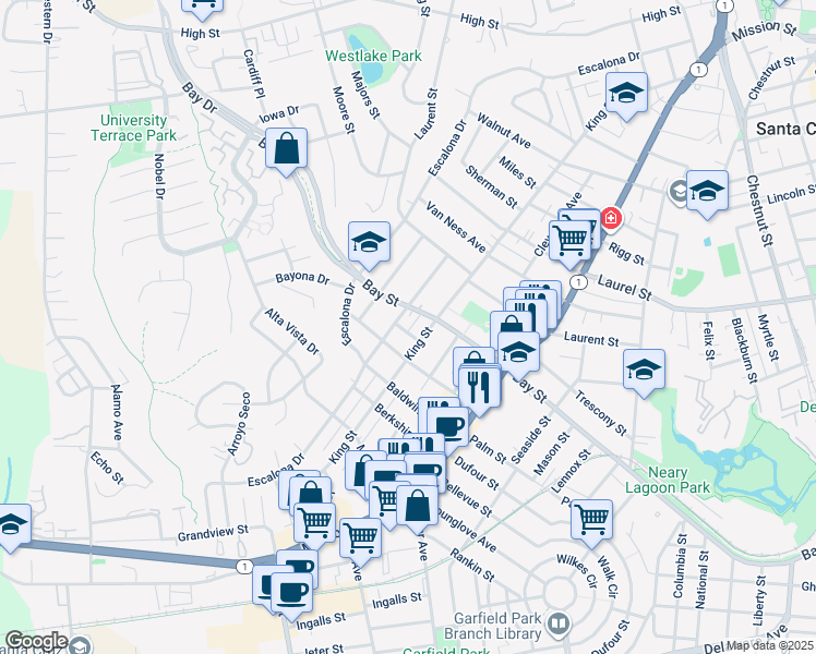 map of restaurants, bars, coffee shops, grocery stores, and more near 114 Colorado Street in Santa Cruz