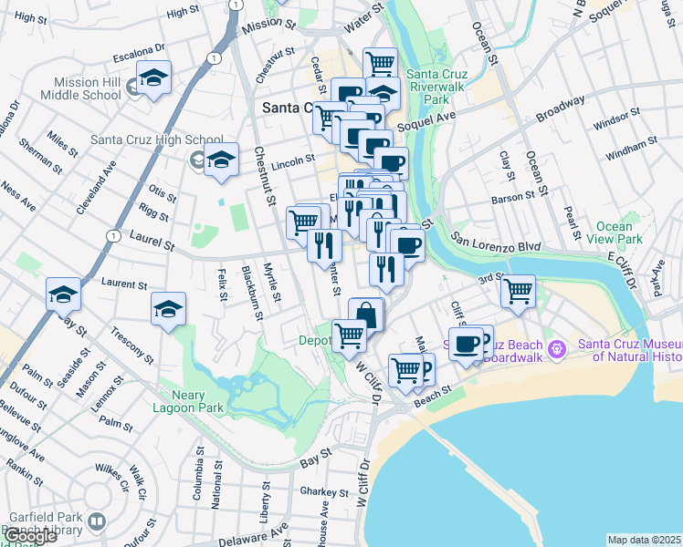 map of restaurants, bars, coffee shops, grocery stores, and more near 220 Center Street in Santa Cruz