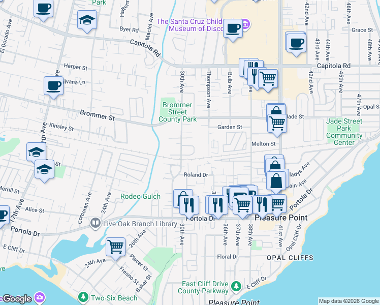 map of restaurants, bars, coffee shops, grocery stores, and more near 3024 Buckingham Lane in Santa Cruz