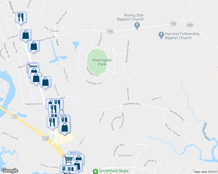 map of restaurants, bars, coffee shops, grocery stores, and more near 409 Southampton Court in Smithfield